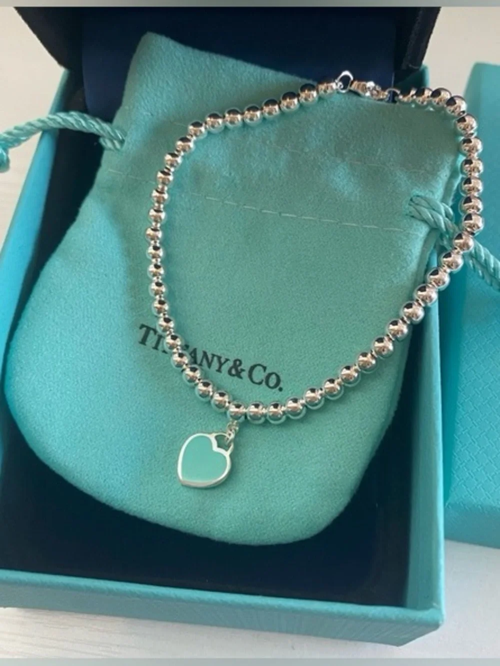 Tiffany & Co. Silver Bead Bracelet with Turquoise Heart Charm